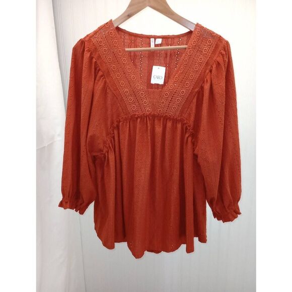 NWT CATO orange, eyelet long sleeve blouse. Size large - Picture 1 of 6